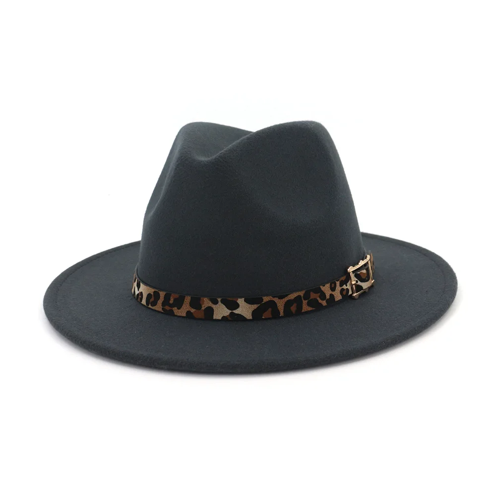 Dark gray Шерстяная фетровая шляпа Панама Джаз Fedoras Шляпы с леопардовым ремнем плоские полями формальная Вечеринка и сцена топ шляпа для женщин мужчин унисекс - Цвет: Dark gray