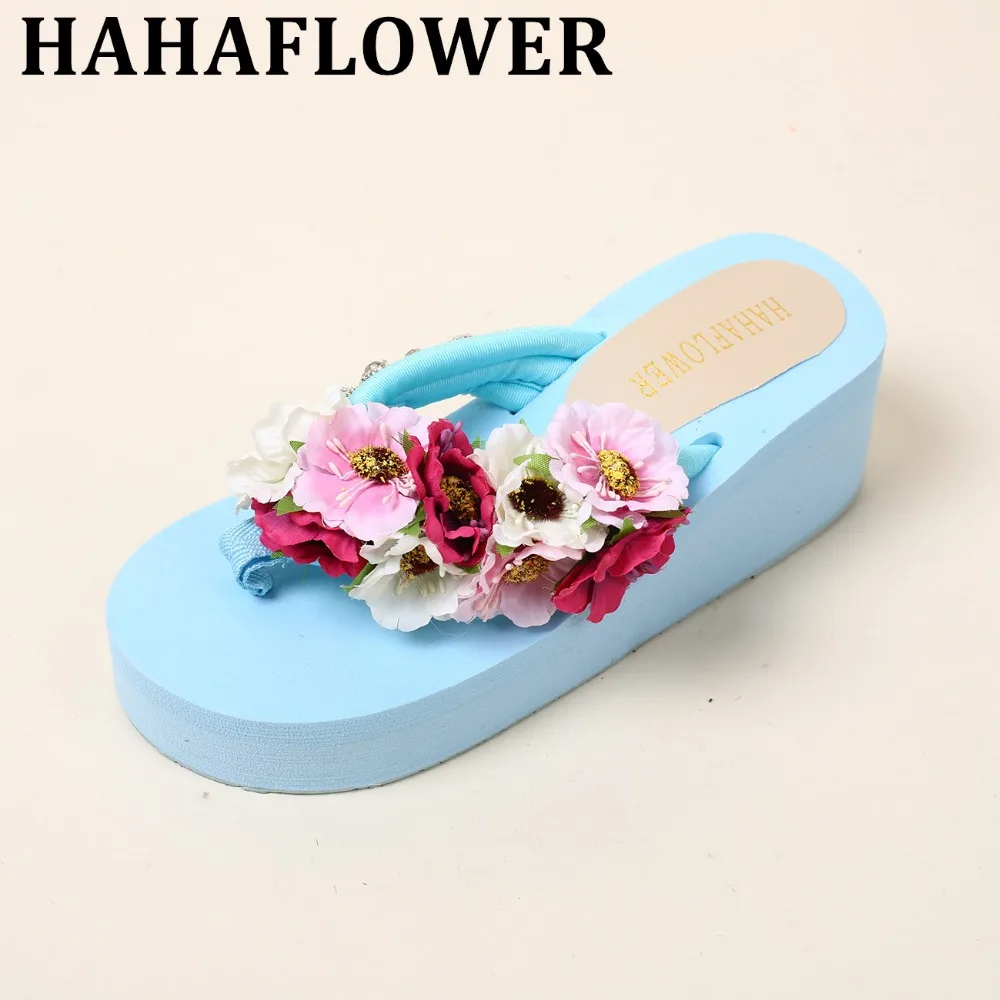 

HAHAFLOWER Fashion Open Toe Female Blue Sandal Shoes Woman Pink Diy Word Drag Lace Inlaid Wedge Slope Lady Woman Shoes