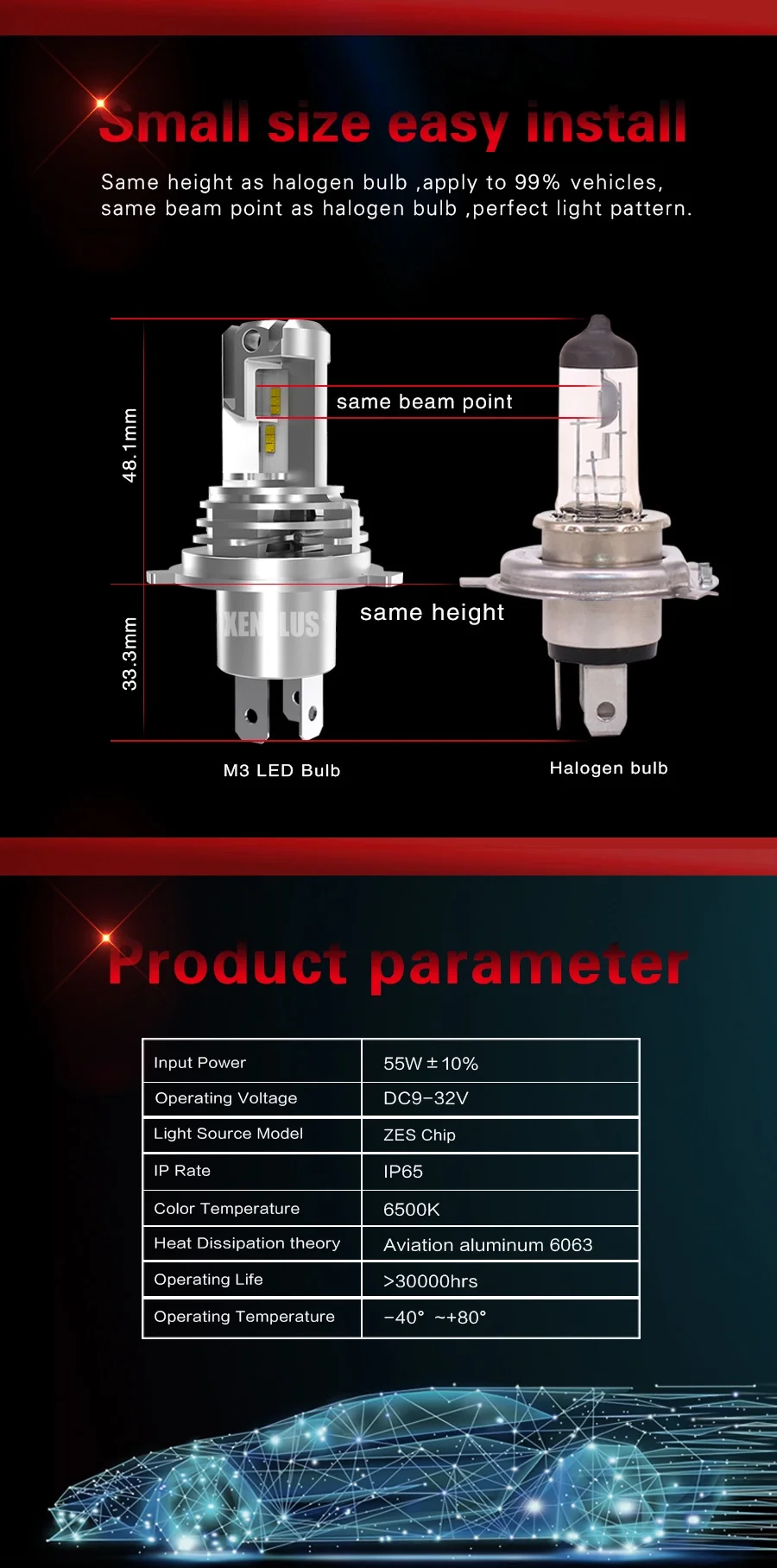 XENPLUS W1 M3 32V 50W H7 1 9005 беспроводной небольшой размер Новое поступление H4 ZES чип