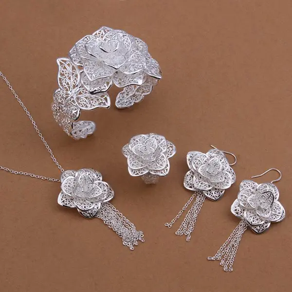 

Wholesale Sterling 925 Silver Jewelry Set,925 Silver Fashion Jewelry,Flower Necklace+Bangle+Earring+Ring Set SMTS444