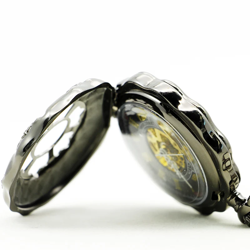 Specially Designed Flower Shaped Hollow Mechanical Pocket Watch with Black Retro Hand Wound Fob Chain Men's Watch