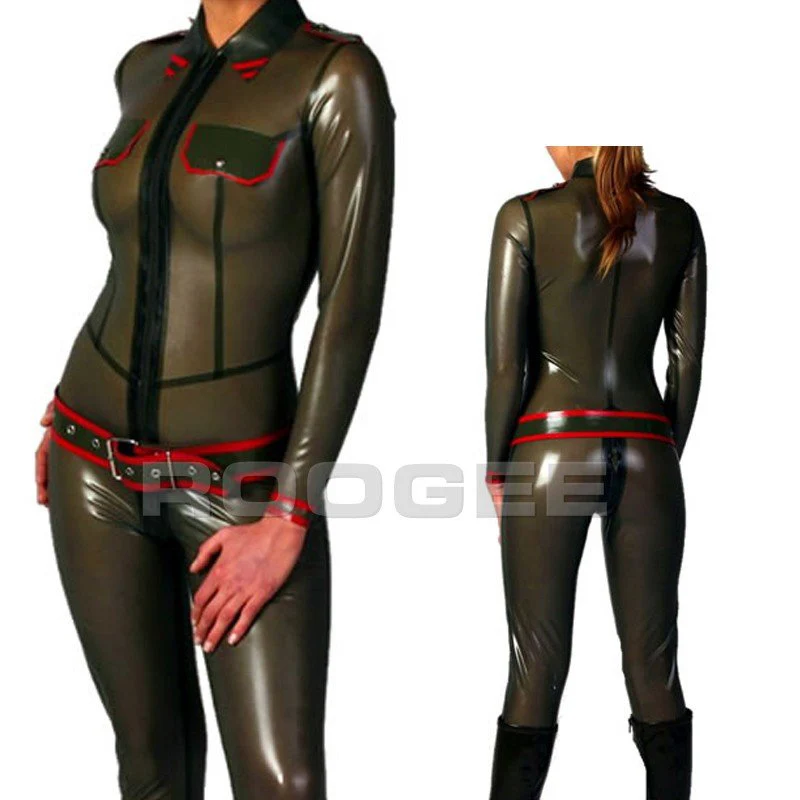 

Latex fashions army uniform with belt in trasparent green