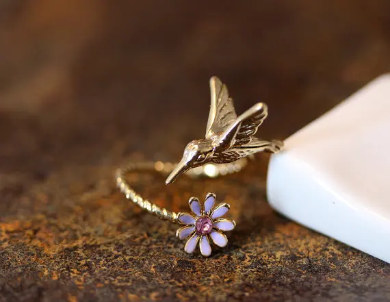 Модное кольцо с цветком и птицей золотистого серебристого цвета|flower ring|fashion rings