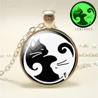 luminous yin yang cats glass cabochon pendant necklace 3 colors metal chain necklaces white black cat jewelry glow in the dark