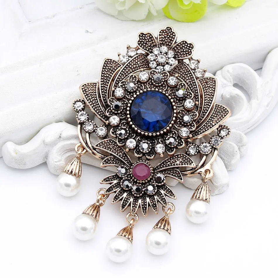 Винтажная брошь в виде индийского цветка с бусинами булавки античное золото