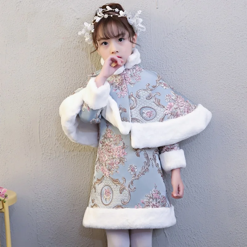 Зимний китайский новогодний костюм Qipao для девочек теплое китайское платье с