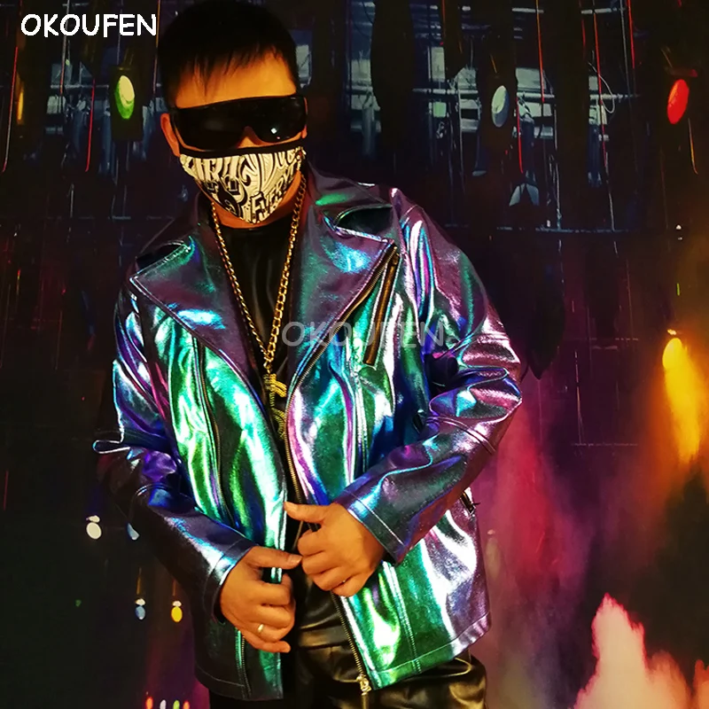 

Men's Cool Colorful Motorcycle laser Leather Jacket nightclub male singer DJ bar hairdresser stage costume dance outwear