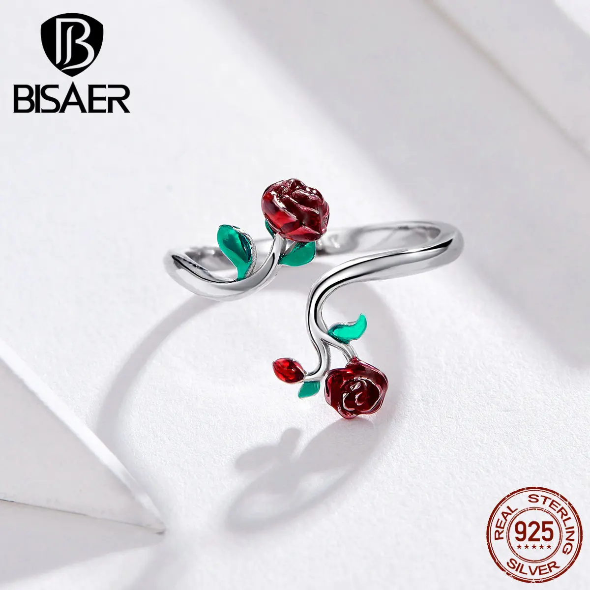 BISAER, 925 пробы, Серебряная роза, цветок, кольца, роза на палец, регулируемые, открытый размер, кольца на палец для женщин, серебряные ювелирные изделия EFR051