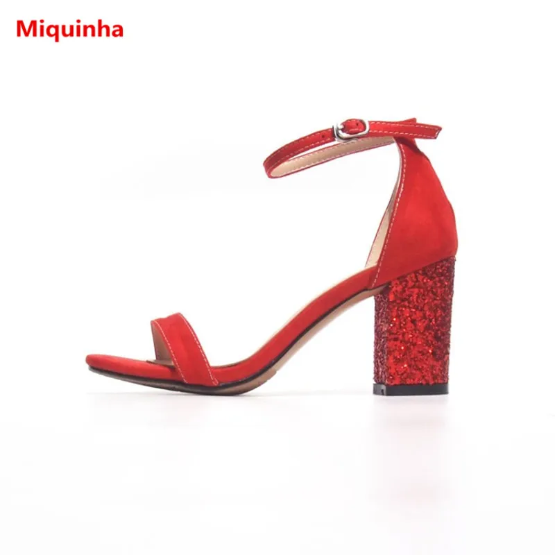 Miquinha Красный Bling толстый каблук с открытым носком Туфли ремешком и пряжкой sandalias