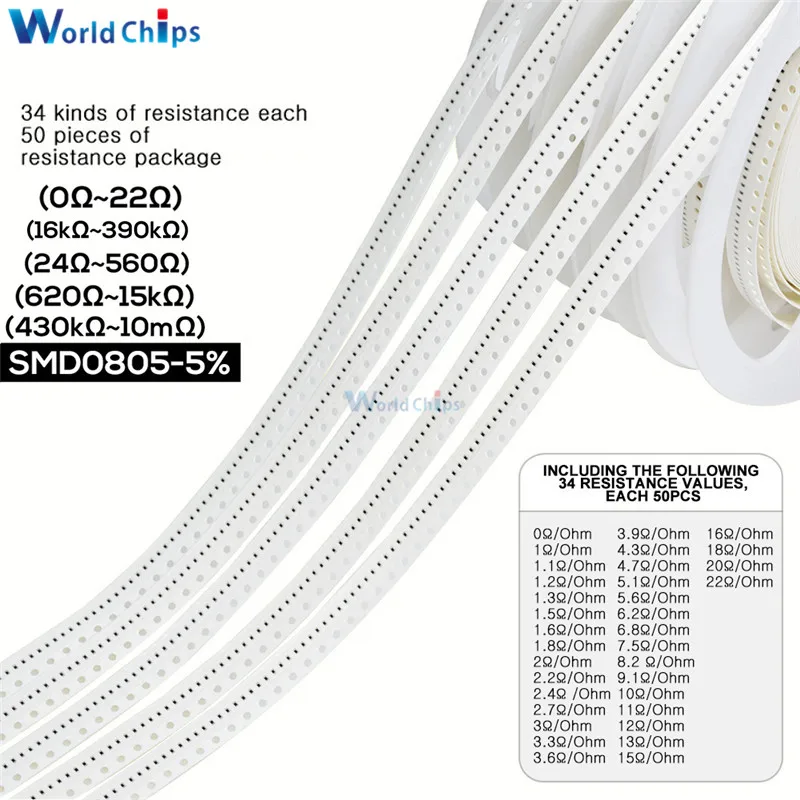 1700 шт./лот 0805 SMD резистор 0R 10M Ом 5% 1/8 Вт 0 25 Сопротивление чипа фиксированный набор в