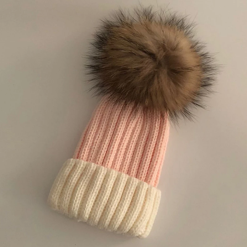 Whiter and Pink Повседневная Новинка, настоящие помпоны из лисьего меха, 15 см, Skullies Beanies, шапки для детей, зимняя шапка для девочек, одноцветная шерстяная хлопковая шапка Skullies Beanies - Цвет: Whiter and Pink