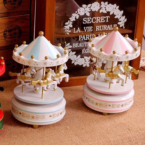 Винтажная Классическая Музыкальная шкатулка с синими деревянными каруселями Merry