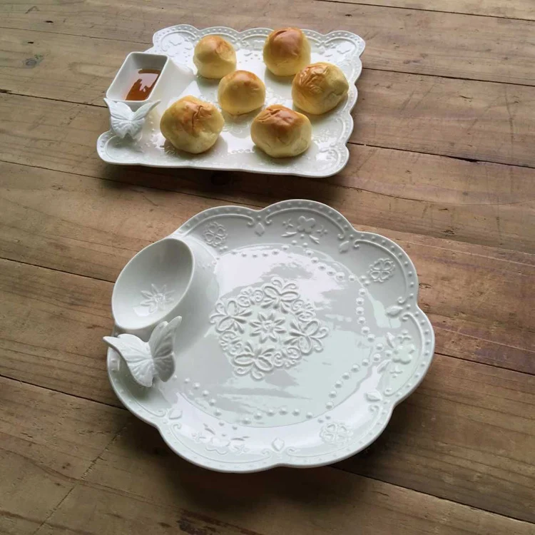 Ручная работа тиснение бабочка белая керамическая тарелка для пельменей с