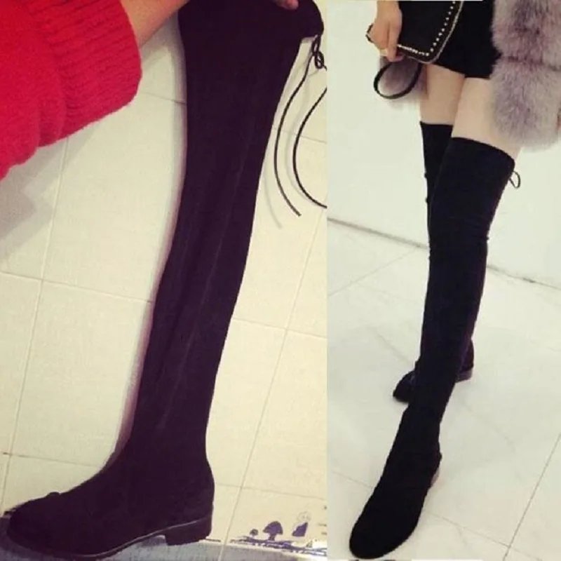 Ткань стрейч Бедра Высокие Сапоги Высокое Качество Женщин Более-Колено Черный