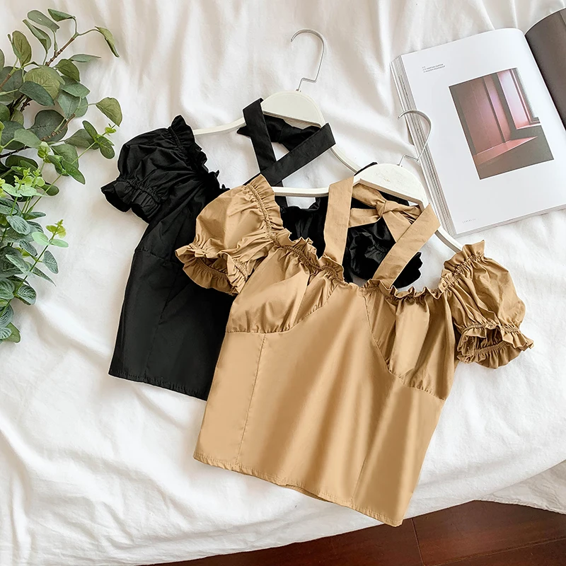 

Sexy Ruffles Shirts Sweet Slash Neck Puff Sleeve Short Style Tops Summer Chic Halter Fashion Female Short Style Solid Tops