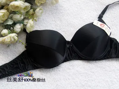 BLACK W001 Бюстгальтер из чистого шелка, двусторонний, натуральный шелк, Проволочная губка, тонкий, шелк тутового шелкопряда, Шелковый бюстгалтер 34/75-42/95AB - Цвет: BLACK W001