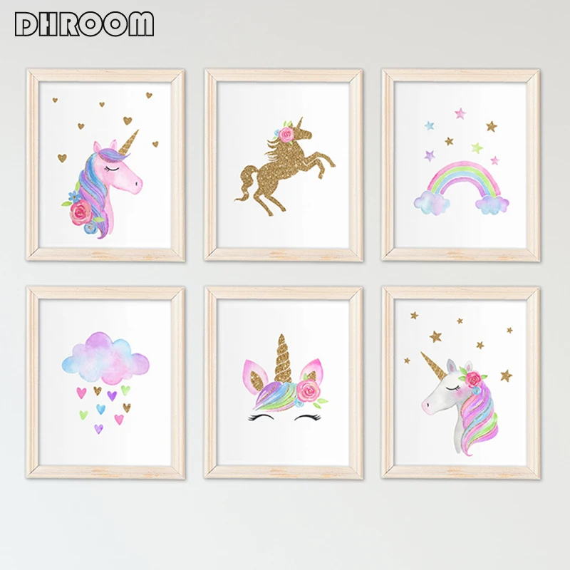 

Nordic Unicorn Wall Art Gold Glitter Prints Pink Nursery Cloud Rainbow Canvas Poster Painting Wall Picture Kids Room Decor