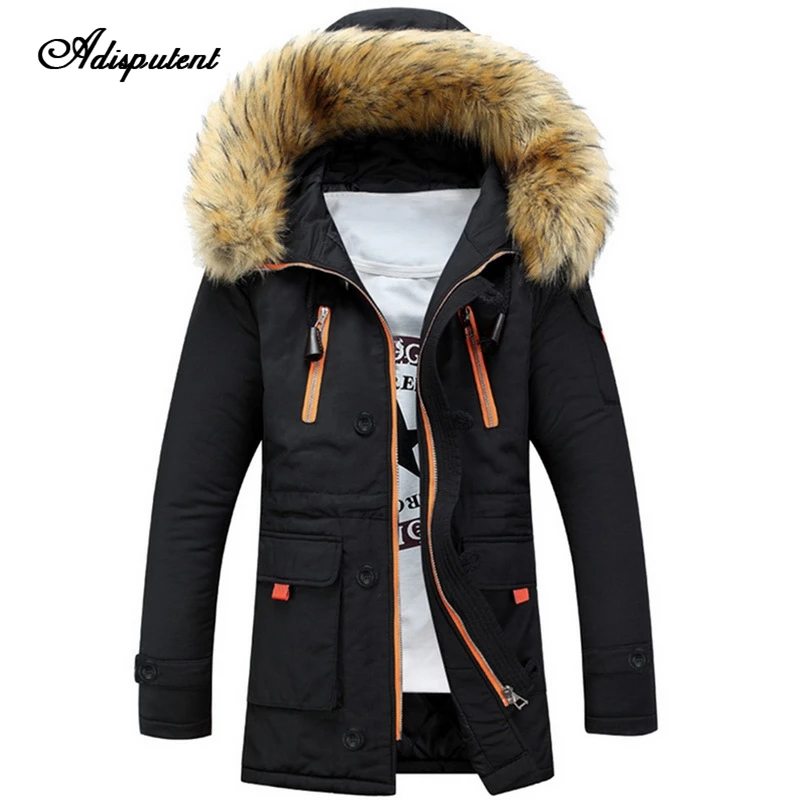 Adisputent Men Fahion Hooded Jacket Multi Pockets Winter Warm Men's Cotton Coat Male Casual Long Parka with Fur Collar Outwear |