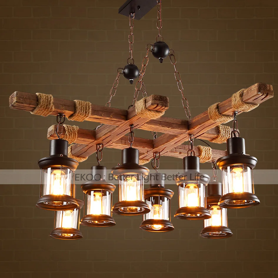 EKOO-Lámpara de araña de madera de Industrial Retro Vintage, luz rústica de hierro para restaurante, bar y sala de estar, 8 Uds.