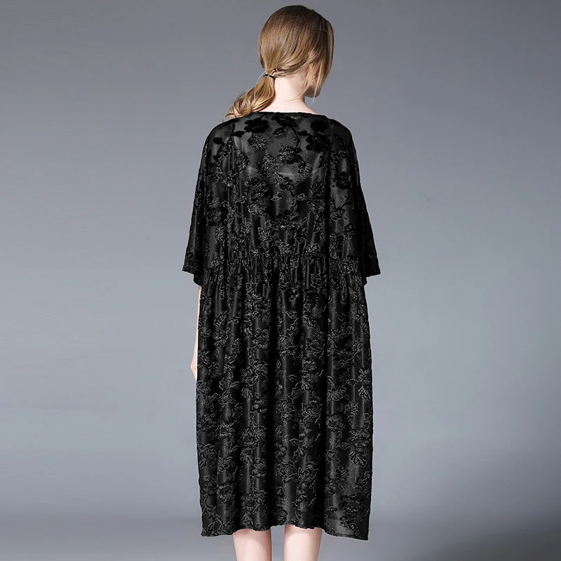 

Plus size dresses large sizes women casual loose Velvet flowers dress high waist crew neck spring long dress oversize two-piece