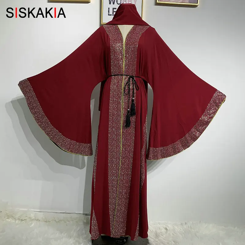 Siskakia Роскошная Горячая фиксация Стразы Цвет Блок мусульманский абайя большой расклешенный рукав кардиган Jubah с твердым шарфом и кисточкой пояс