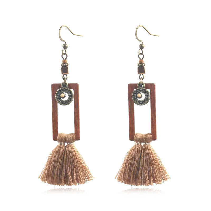 Корейские квадратные серьги из дерева 2019 женские Boho зеленые висячие с кисточками