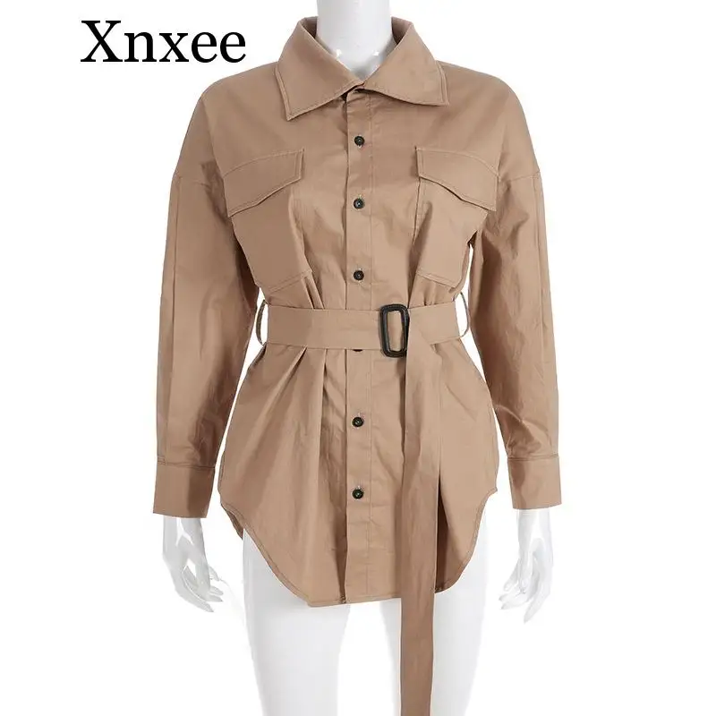 Khaki Xnxee Осенне-зимняя Дамская обувь ветровка Тренч Топы Нерегулярные длинное пальто отложной воротник пояс, карманы, женская верхняя одежда - Цвет: Khaki