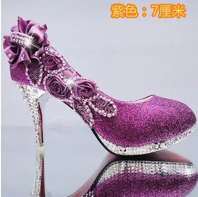 Purple 7cm Свадебная обувь; блестящая Роскошная Свадебная обувь для вечеринки; женская обувь на высоком каблуке с кристаллами; пикантные женские туфли-лодочки; серебристая Свадебная обувь; размеры 34-41 - Цвет: Purple 7cm