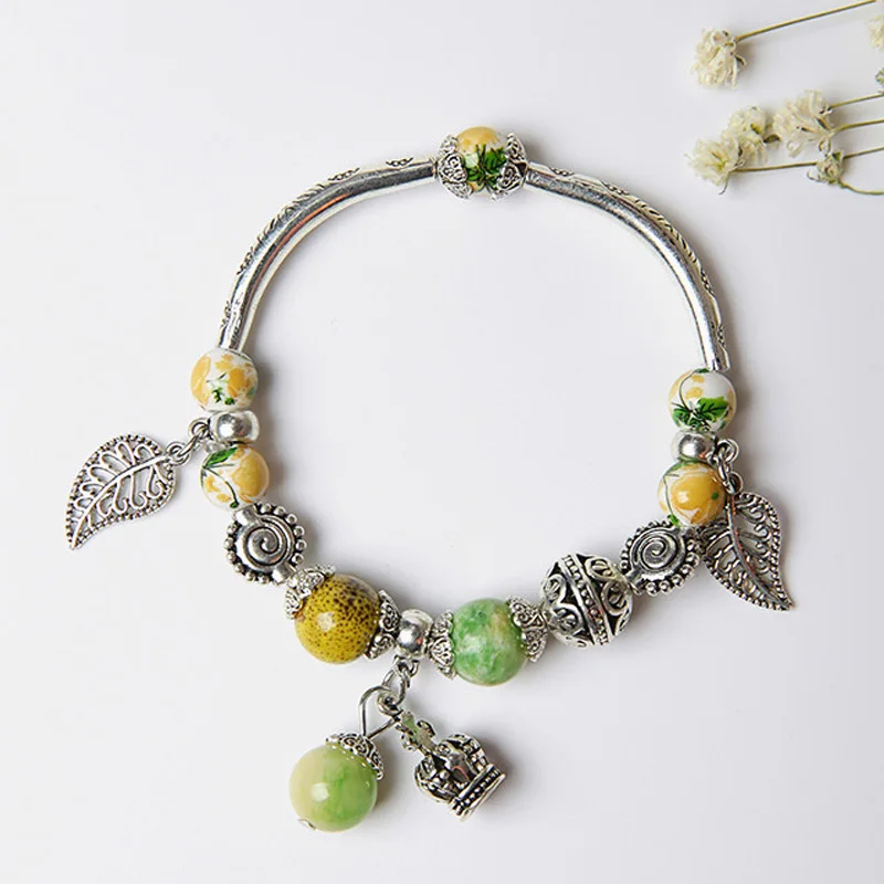 Charm Bracelet &amp Bangle Antique Silver Color Beads Leaf Crown Pendant Party Jewelry Gift For Women Girl | Украшения и