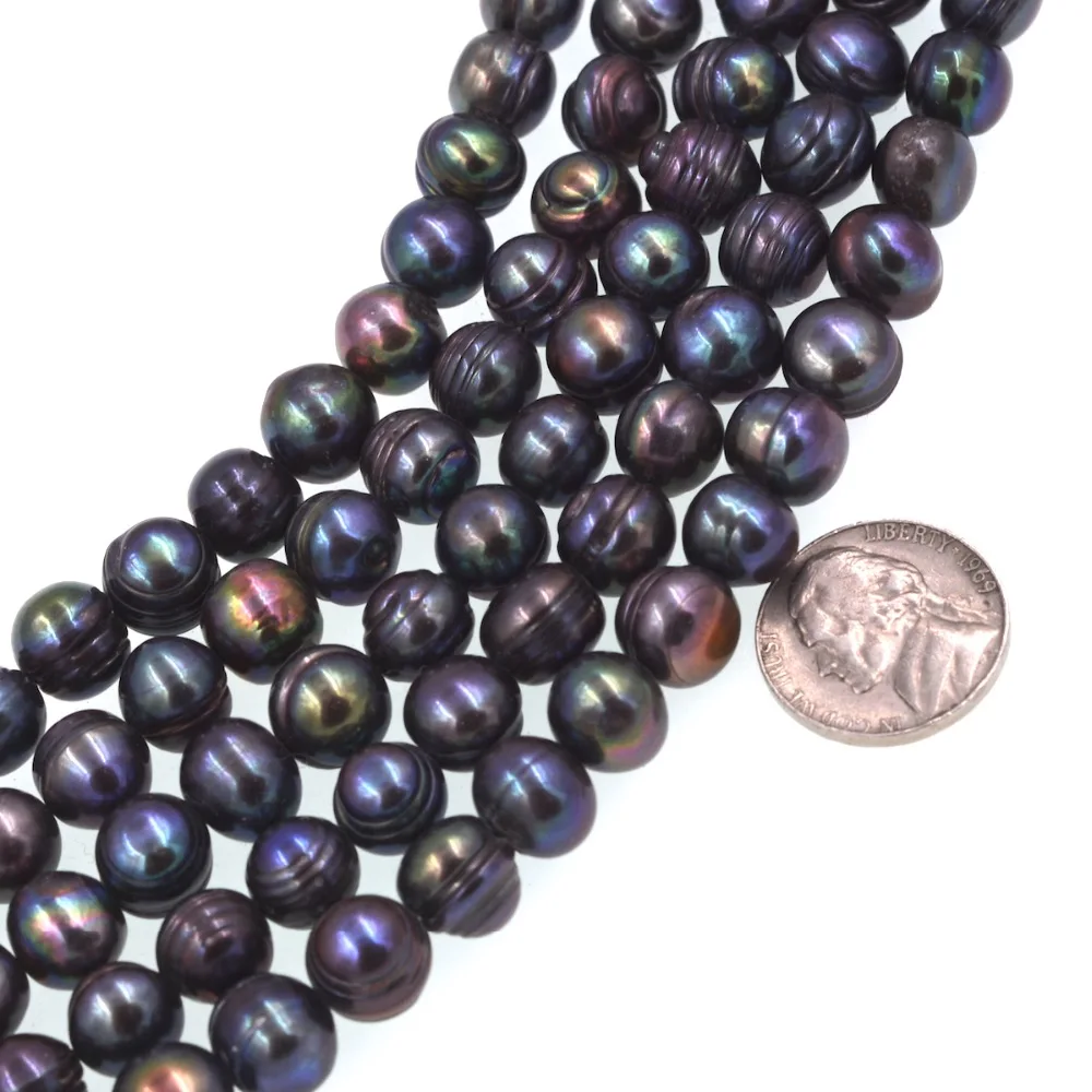 

Natural cultrued 9-10mm round Black Freshwater pearl beads full strand 15inch