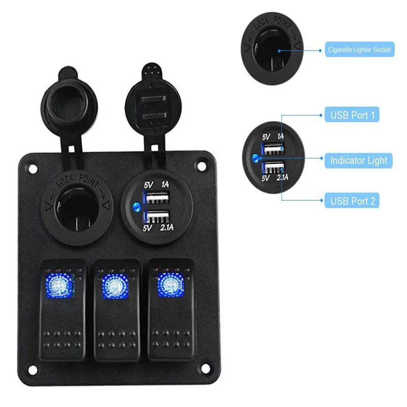 Blue 12 В лодка морской тумблер панель для лодки gps мобильных RV грузовик Camper двойной USB разъем питания 12 В 24 в вольтметр 12 В - Цвет: Blue