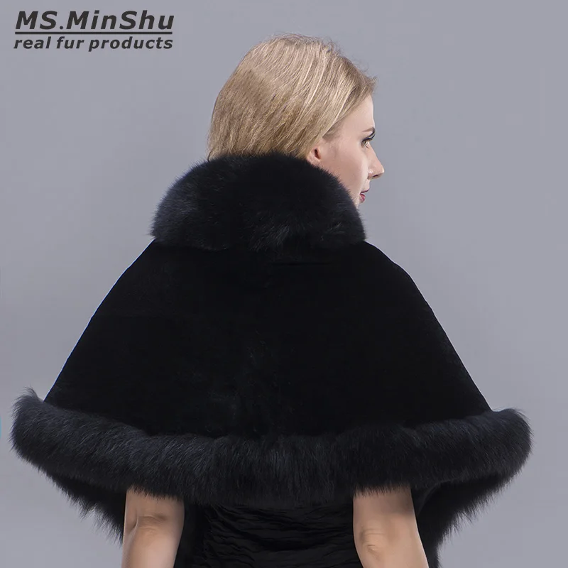 MS. MinShu, Лисий мех, шаль, зимняя, для женщин, натуральный мех, Пашмина, Модное пончо, Лисий мех, оторочка, мех кролика, накидка, зимняя накидка для женщин