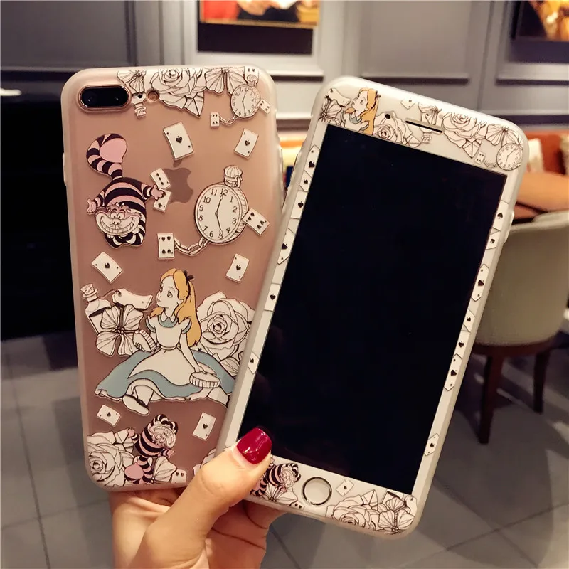 For iPhone 7 7Plus Cute Ariel Princess Case +Tempered Glass Screen film Mermaid / Alice Cover for X 8 8plus 6 6S 6SPlus |