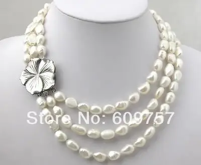 

women real latest design natural jewelry Exquisite 3 rows 8-9mm White Akoya Cultured Pearl necklace hookCZ Luxury Ms. girl
