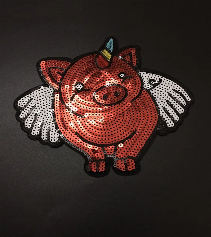 NEW 1pcs Sequins wings horns pig patches beauty Embroidery Fabric Large Applique Patch Sew Dress Cloth Decorate Accessory DIY | Дом и сад