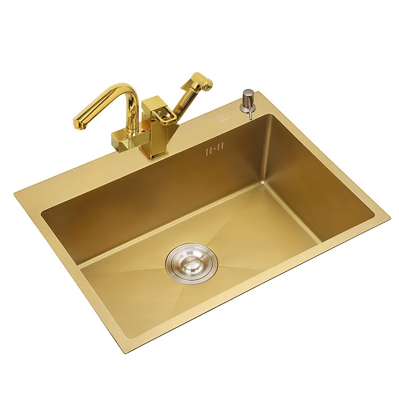 

Gold Kitchen Sinks 3mm Thickness Stainless Steel Double Bowl Above Counter Nano-coating Sinks Vegetable Washing Basin with Tap