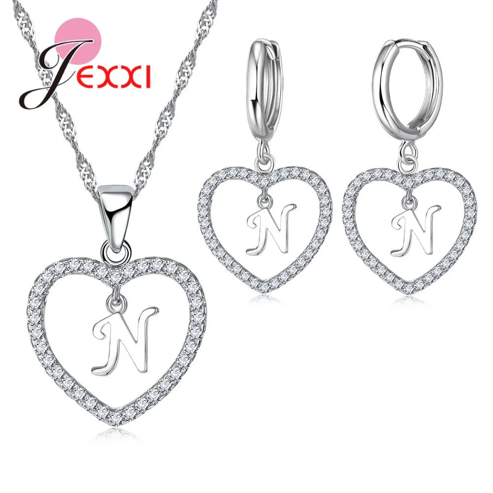 Fast Shipping 925 Sterling Silver Necklace Pendant Earrings Sets for Women Hot Letter Shape with Hollow Heart Crystal Set | Украшения и