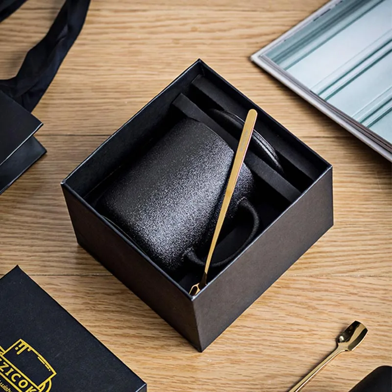 

330ml Japanese Style Black Ceramic Mug Office Tea Milk Coffee Cup with Lid Metal Spoon Gift Box Vintage Coarse Pottery Drinkware