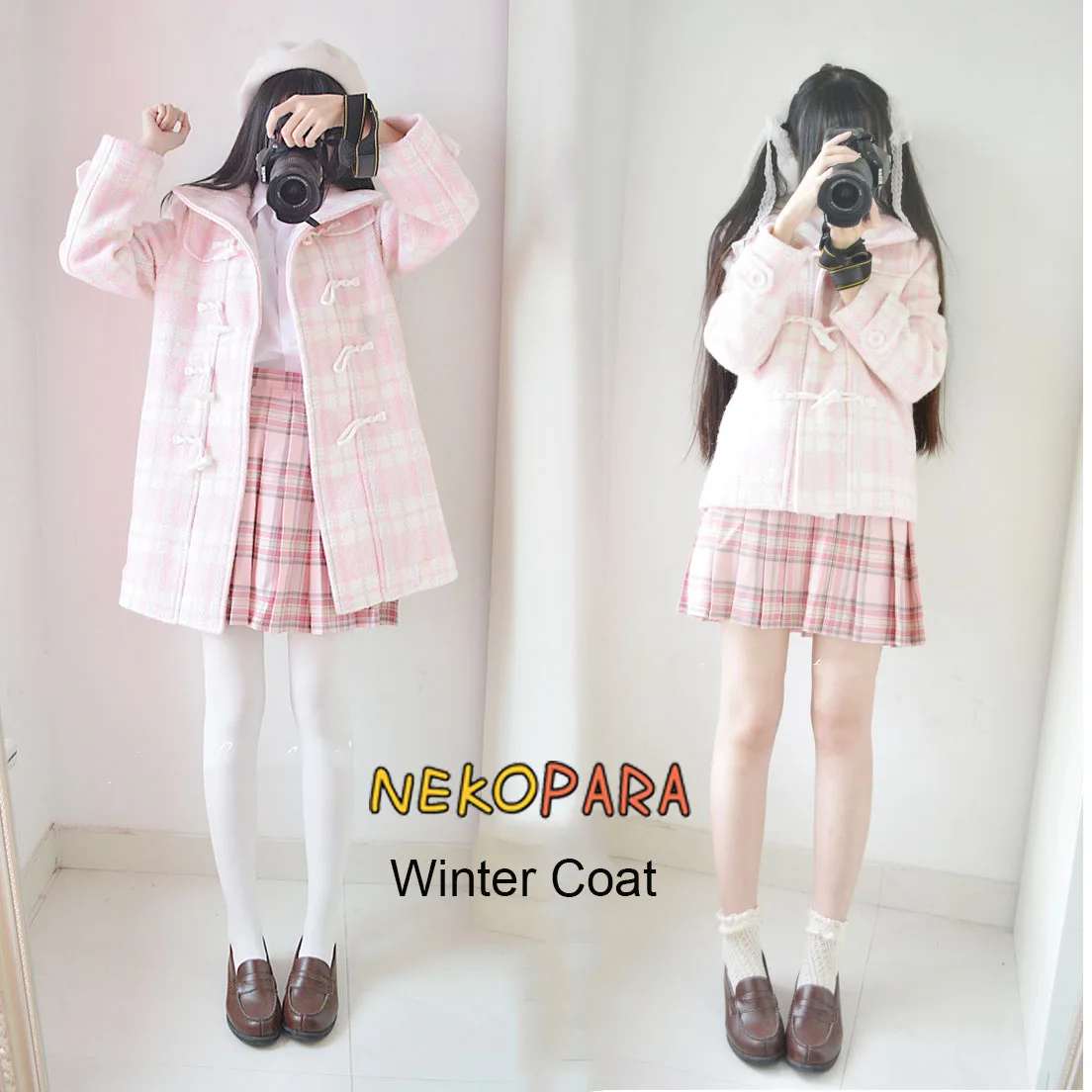 

Sakura Pink Plaid Checks Lolita Coat Japanese Womens' JK Horn BucklePreppy Style Thick Trench Cute Winter Warm Outwear 2 Style