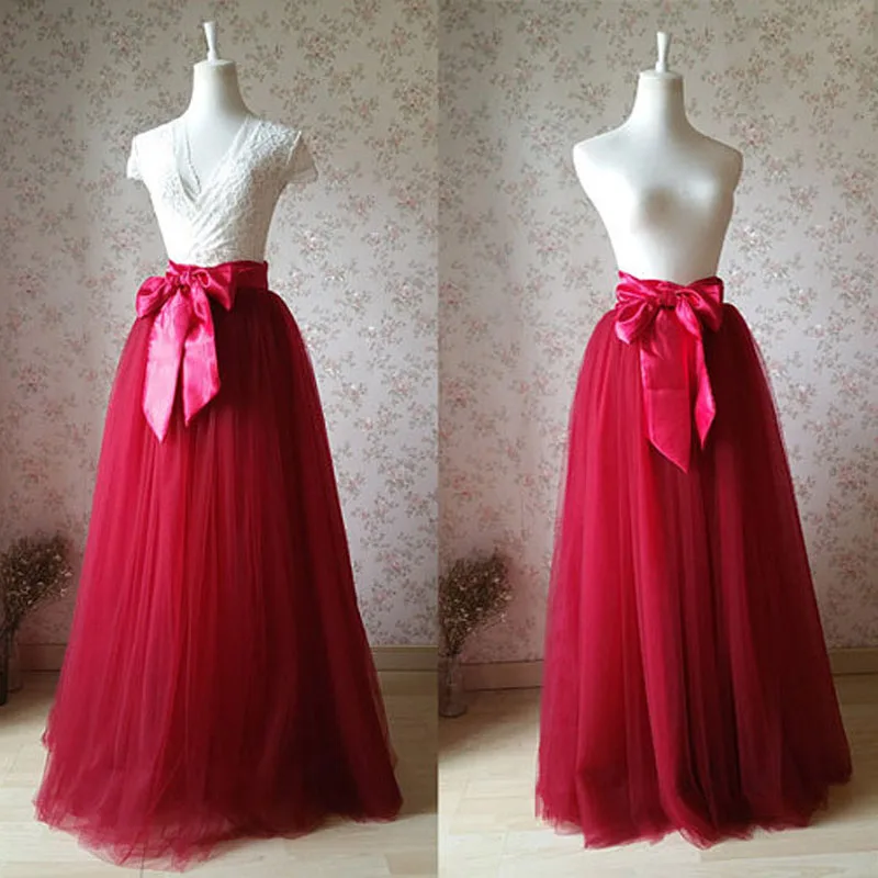 

2017 Maxi Tulle Skirt Plus Size Wine Red Bridal Long Tutu Skirt with Bow Solid Mesh Elegant Wedding Party Skirt Vintage faldas