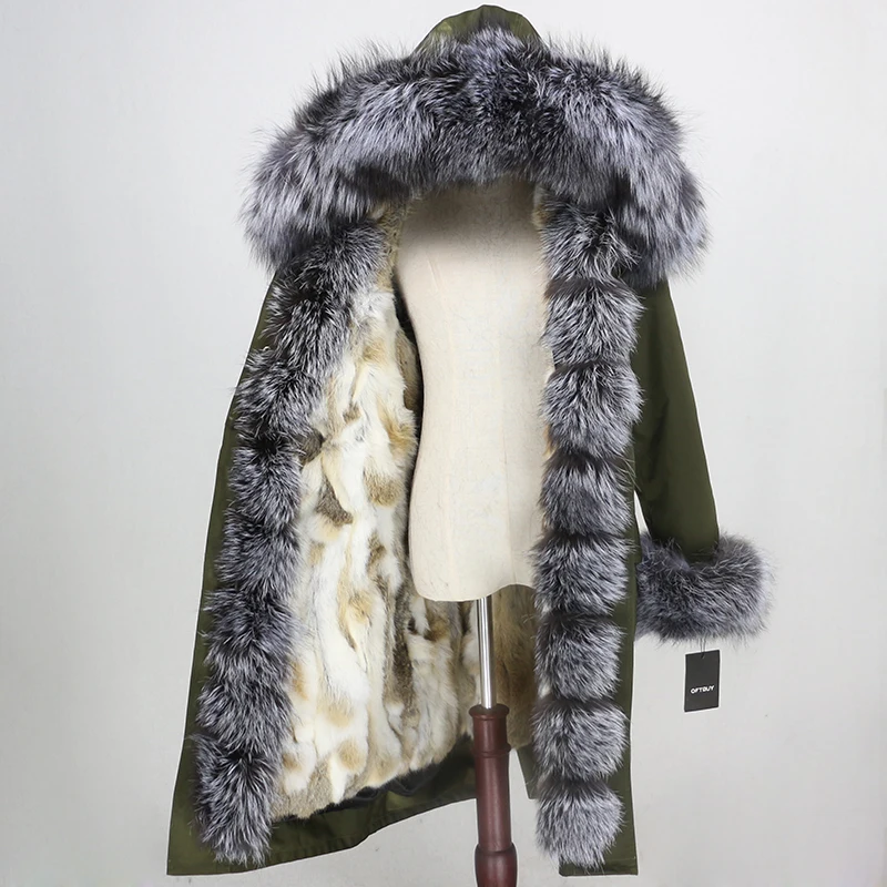 green silver OFTBUY Водонепроницаемая парка X-long натуральное меховое пальто зимняя куртка женская натуральный Лисий мех воротник капюшон Подкладка из натурального кроличьего меха уличная одежда - Цвет: green silver