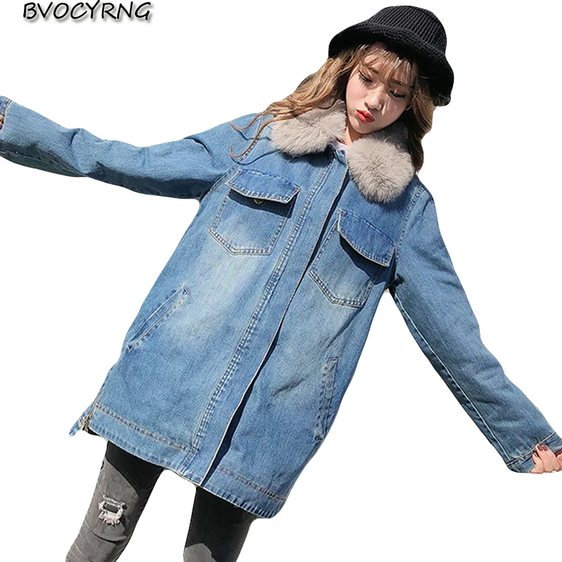 

2018 Fox Fur Women Winter Denim Jacket Coat Thicken Lambswool Warm Parkas Denim Outerwear Female Loose Casaco Feminino Jacket