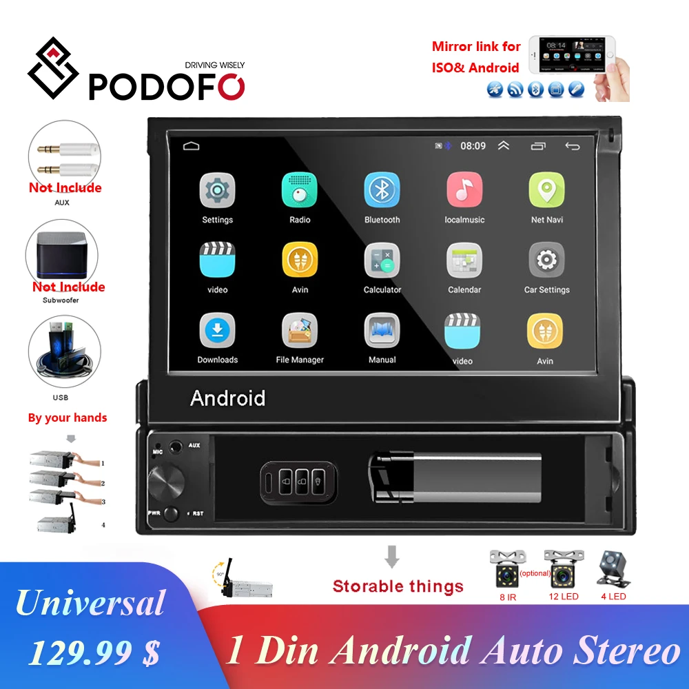 Podofo 1 din Android 8,1 GO четырехъядерный автомобильный DVD GPS навигационный плеер 7 ''универсальный автомобильный Радио WiFi Bluetooth MP5 мультимедийный плеер