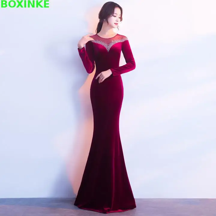 Vestido Longo Лидер продаж полный Сетчатое платье новые бархатные партии осень с длинным рукавом компании ежегодном собрании хост рыбий хвост S-3xl