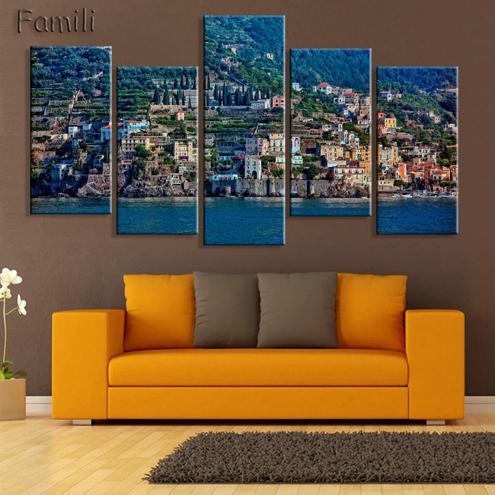 

HD 5PCS Wall Art Canvas Fabric Poster Italy Town Landscape paintings for living room wall,canvas painting