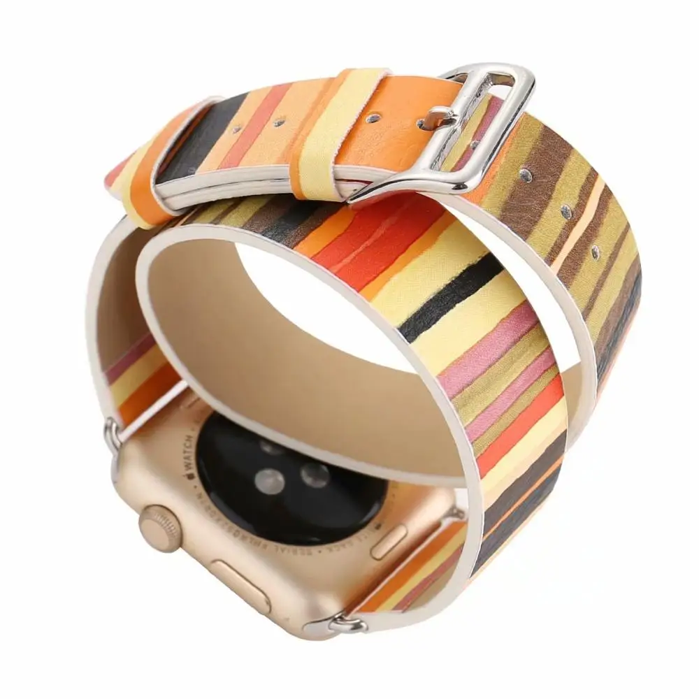 Orange Ремешок из натуральной кожи с двойным круговым браслетом Для Apple watch band 4 44/40 мм цветной ремешок для iwatch series 3/2/1 42/38 мм - Цвет ремешка: Orange