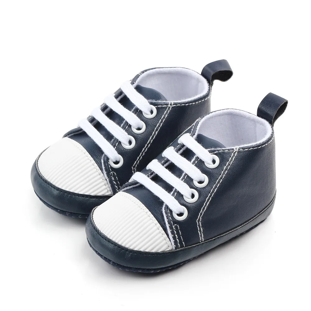Blue New PU Classic Sports Sneakers Newborn Baby Boys Girls First Walkers Shoes Infant Toddler Soft Sole Anti-slip Baby Shoes - Color: Blue