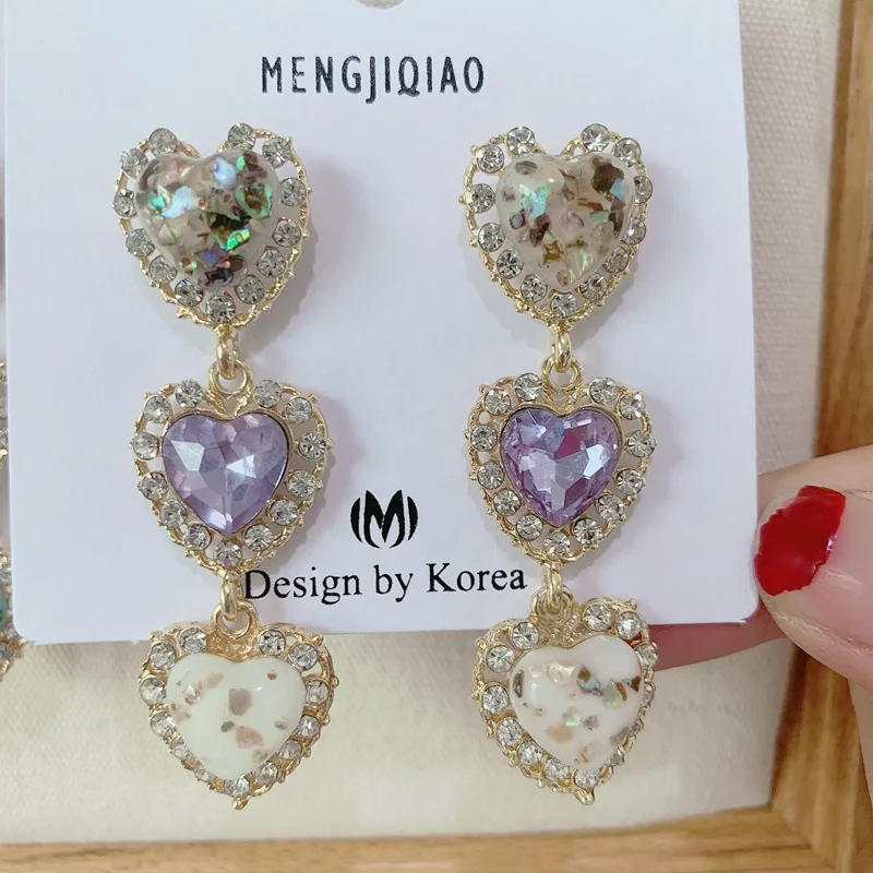 MENGJIQIAO корейский Блестящий кристалл сердце Висячие серьги для женщин Мода оболочки Стразы Букле д 'ореиль вечерние ювелирные изделия подарок - Окраска металла: heart-5 purple
