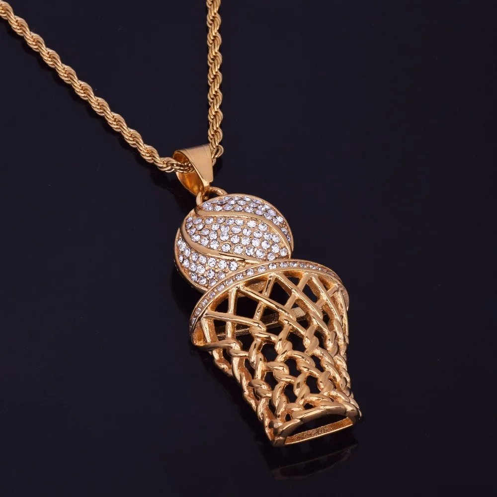 Золотой Bling Iced полный горный хрусталь баскетбольные подвески и ожерелья для мужчин 316L нержавеющая сталь спортивные для хип хоп ювел