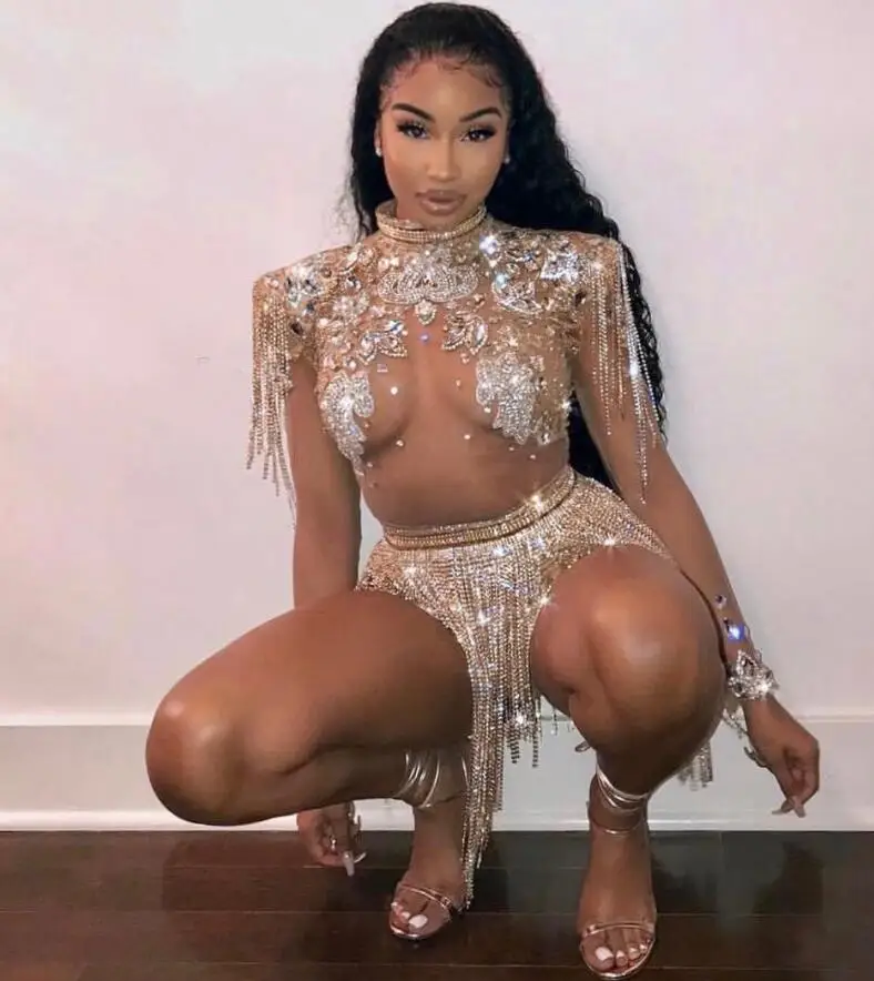 Fashion Shining Big Crystals Mesh Bodysuit Sparkly Rhinestones Chains Fringes Outfit Nightclub Party Wear See Through Costume